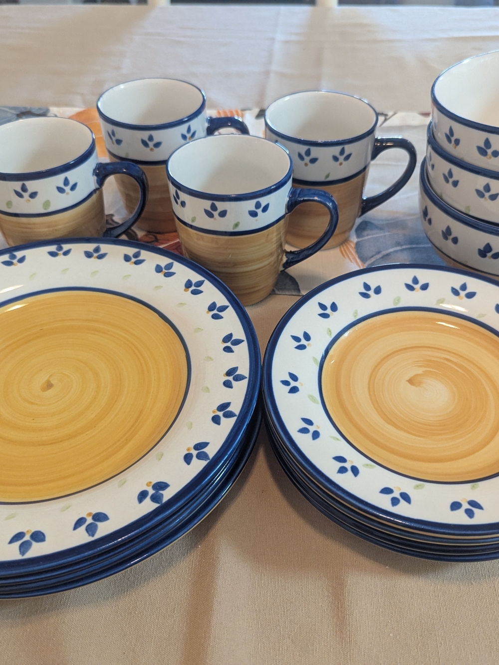 Blue & Yellow Floral Ceramic Dinnerware Set (Incomplete Set, Missing 1 Bowl)